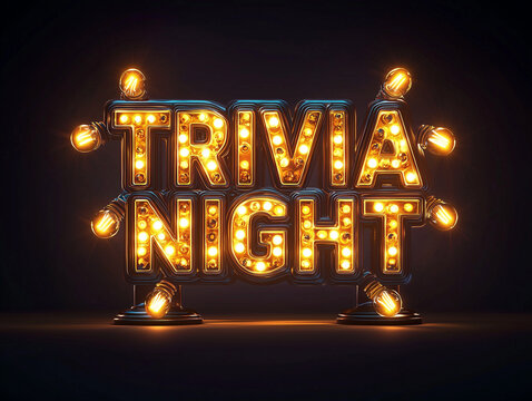 The words "TRIVIA NIGHT" in large, glowing bulb letters set against a dark background. This design creates an elegant, retro atmosphere, perfect for promoting trivia events or game nights.