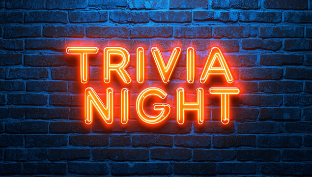 A neon sign reading "TRIVIA NIGHT" glowing brightly against a dark brick wall background. Perfect for promoting trivia events, game nights, or bar entertainment.
