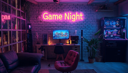 A neon sign reading "Game Night" glowing brightly against a dark brick wall background. Ideal for promoting casual gaming events, social gatherings, or entertainment venues.