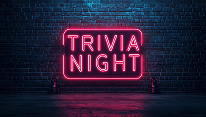 A neon sign reading "TRIVIA NIGHT" glowing brightly against a dark brick wall background. Perfect for promoting trivia events, game nights, or bar entertainment.