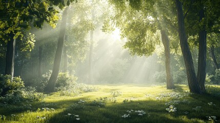 Fototapeta premium Sun rays illuminate a misty forest clearing.