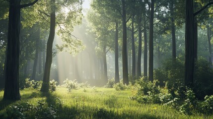 Obraz premium Sunlight beams through misty forest trees.