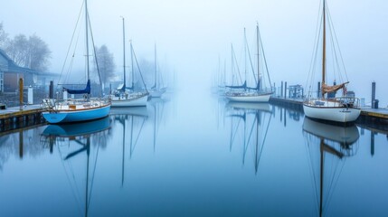 Fototapeta premium Sailboats Docked in a Misty Harbor