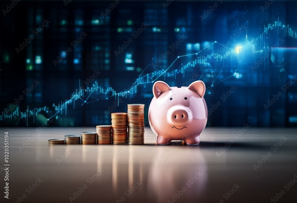 Poster A piggy bank sits on a wooden table with stacks of gold coins in front of it, while a blue line graph ascends in the background.