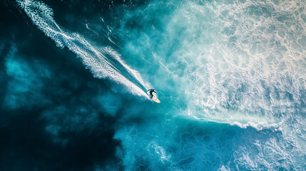 Obraz premium Aerial view of surfers catching waves in the ocean. Perfect conditions for surfing.