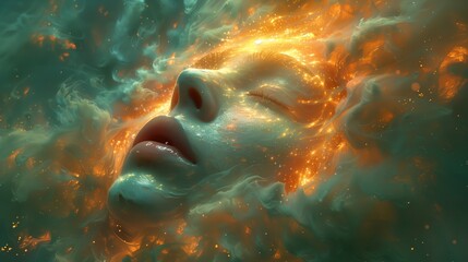 Surreal Dreamscape With a Serene Face Emerging From a Cosmic Cloud of Colors and Light