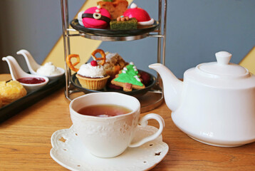 Christmas Afternoon Tea Set Served on Wooden Table
