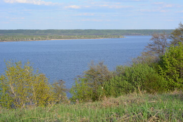 a blue river and trees and a blue sky with clouds