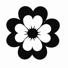 A black and white image of a stylized flower with five heart-shaped 