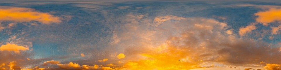 Obraz premium 360 panorama of glowing sunset sky with bright pink Cumulus clouds. HDR 360 seamless spherical panorama. Full zenith or sky dome sky replacement for aerial drone panoramas. Climate and weather change.