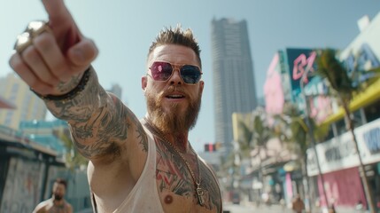 Cybernetic Warrior: Imposing Muscle Man Demonstrating Combat Prowess Amid Futuristic Urban Conflict