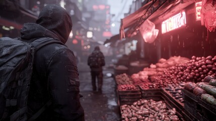 Fototapeta premium Neon Future: Vibrant Cyberpunk Market Scene in 3D Illustration