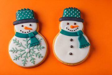 Christmas cookies in the shape of a snowman. Focus concept