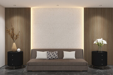 3d render of minimal design interior of living room with wall mockup stripes wood panel and mosaic tile, gray marble floor and white ceiling. Set 4 © asesidea