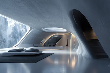Obraz premium Futuristic interior with curved walls and mountain views.