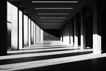 Fototapeta premium Sunlit concrete columns cast shadows on a floor.