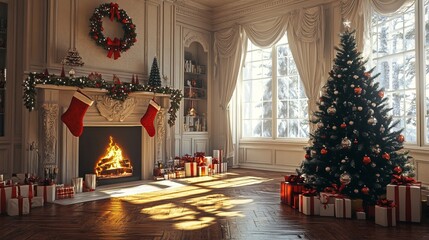 Obraz premium Cozy living room scene with a charming fireplace, vibrant christmas tree, and festive decorations creating a warm holiday ambiance for celebrating christmas cheer.