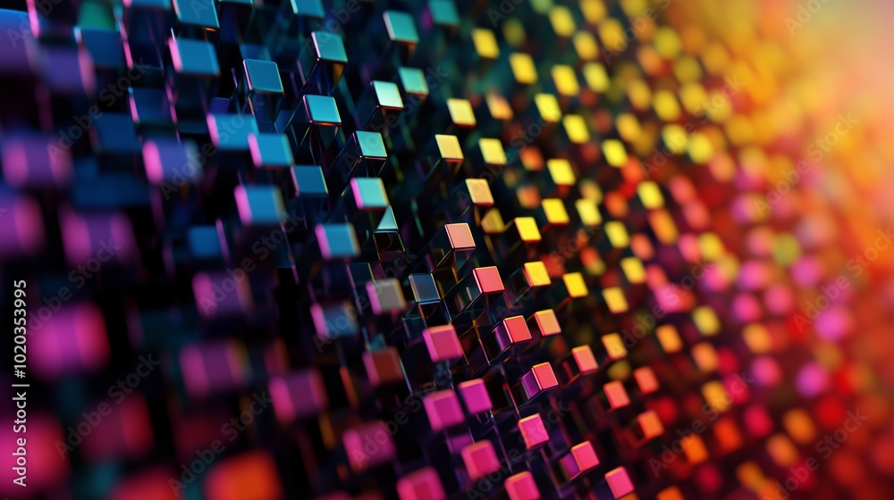 Poster colorful abstract pattern of 3d cubes illuminated with vibrant light creating a dynamic visual effec