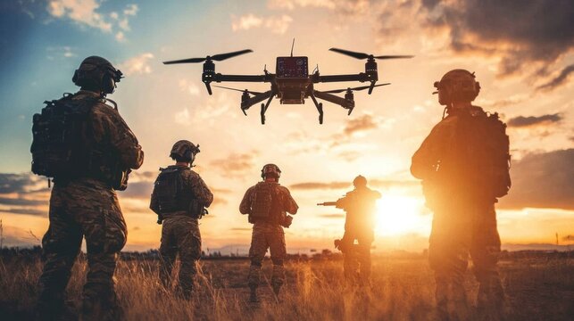 Military precision-guided munitions and smart combat systems, featuring autonomous drones and AI technology