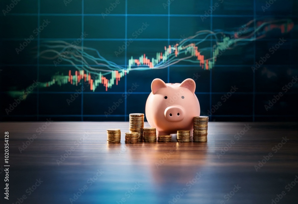 Aufkleber a pink piggy bank sits in front of a digital stock chart with gold coins stacked in front of it.