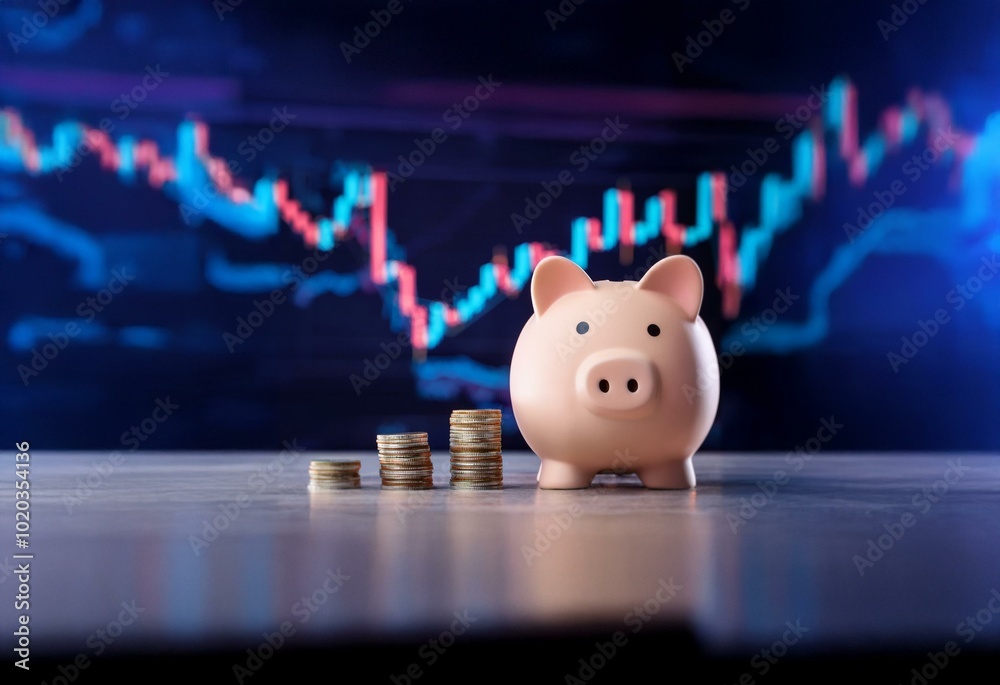 Aufkleber pink piggy bank sits on table with stacks of coins in front of a blurred stock chart.