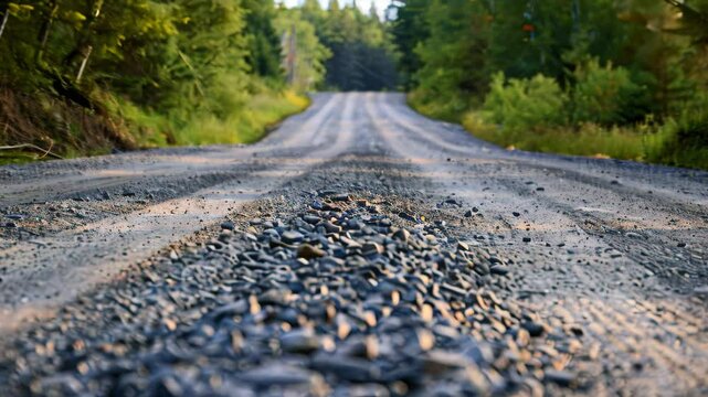 A close-up view of a gravel road winding through a forested area, Bumpy gravel road with scattered debris