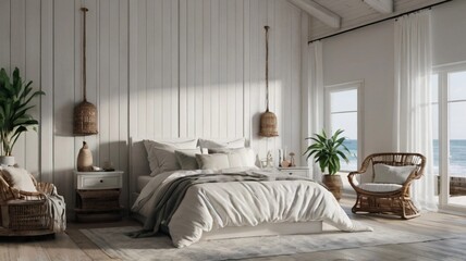 Fototapeta premium White lighten bedroom interior with beach coastal design