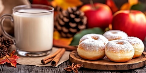 Cozy Autumn Scene with Apple-Powdered Sugar Doughnuts and Orchard-Themed Background