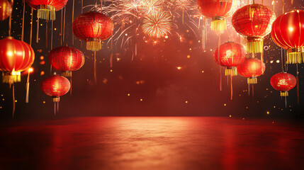 Vibrant red lanterns hang against a festive background, with sparkling fireworks illuminating the night sky.