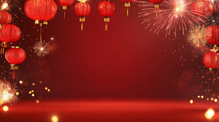 Vibrant red lanterns hang against a festive backdrop, celebrating joy and prosperity with sparkling fireworks and shimmering lights.