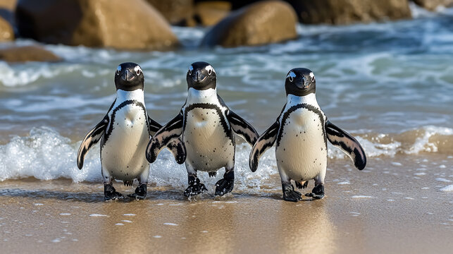 African penguins walking out of the ocean to the sandy beach, also known as jackass penguins or black-footed penguins (Spheniscus demersus) at Boulders Colony, South Africa.