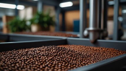Fototapeta premium Roasted coffee beans on a conveyor system in a modern factory environment