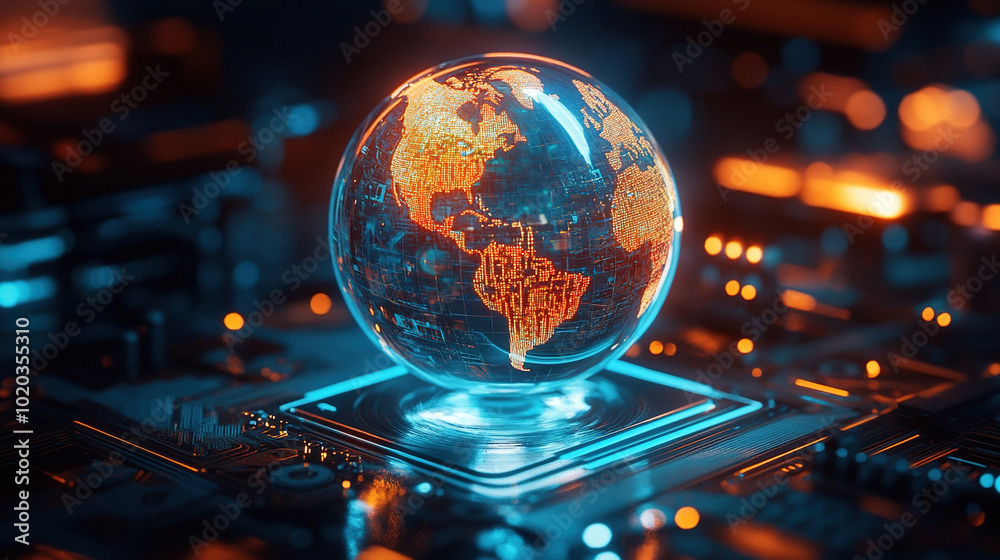 Poster global connectivity. abstract digital world with glowing circuit board and globe. digital technology