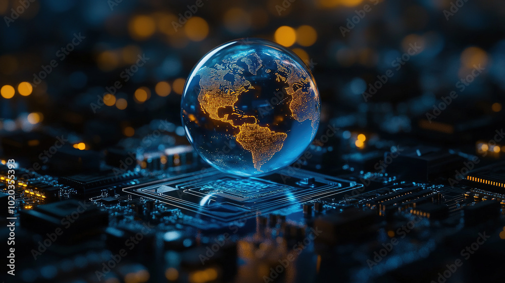 Poster global connectivity. abstract digital world with glowing circuit board and globe. digital technology