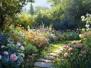 Path through lush blooming garden.