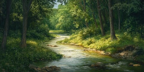 Obraz premium A winding river flows through a lush green forest.