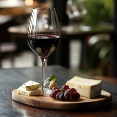 Red wine, cheese, grapes, wooden board.