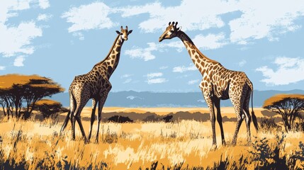 Obraz premium Two giraffes stand in a grassy savanna.