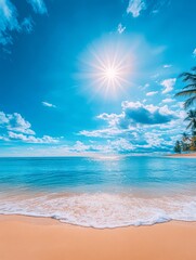 Fototapeta premium A vibrant beach scene with crystal-clear waters, gentle waves, and a bright sun overhead, Ideal for travel blogs, vacation promotions, or summer-themed projects, evoking relaxation and escape,