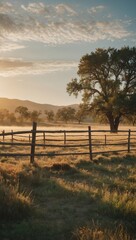 Obraz premium Wooden Fence with Barbed Wire in Grassy Field at Sunset