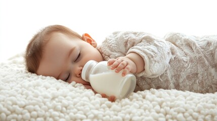 A baby sleeping and drinking milk from a bottle on a white background for documentation of precious moments as a toddler.