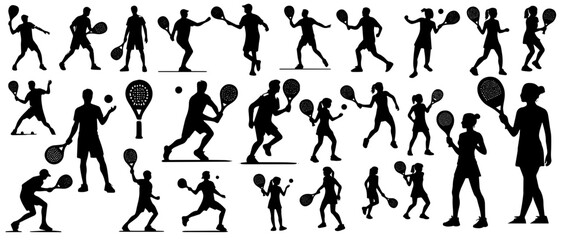 Big set of black vector silhouette paddle tennis player isolated on white
