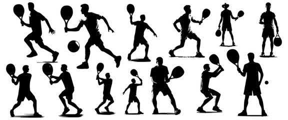Big set of black vector silhouette paddle tennis player isolated on white  © Alex