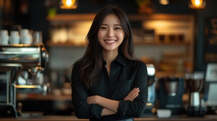 Confident Female Barista in Coffee Shop Setting. Confident female barista stands with arms crossed, smiling in a cozy coffee shop. The warm interior and modern decor create an inviting atmosphere.