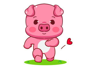 Cute Pig Running Cartoon Vector Illustration. Kawaii Adorable Animal Concept Design. Isolated White Background.