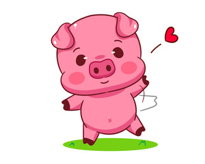 Fototapeta premium Cute Pig say hello Cartoon Vector Illustration. Kawaii Adorable Animal Concept Design. Isolated White Background.