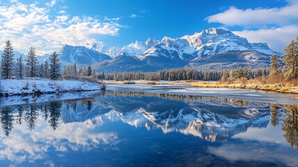 Obraz premium Almost Nearly Perfect Reflection of the Rocky Mountains in the Bow River Near Canmore, Alberta, Canada: A stunning reflection of the Rocky Mountains in the Bow River, showcasing 
