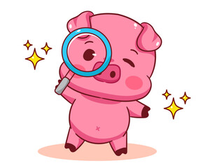 Cute Pig holding Magnifying glass Cartoon Vector Illustration. Kawaii Adorable Animal Concept Design. Isolated White Background.