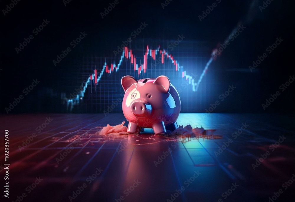 Poster a pink piggy bank is lying on its side on a dark surface, with a blurred chart showing a downward tr