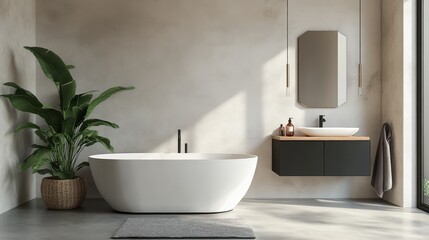 Fototapeta premium Modern Minimalist Bathroom, Freestanding Tub, Vanity. Sunlight Illuminates Concrete Walls.